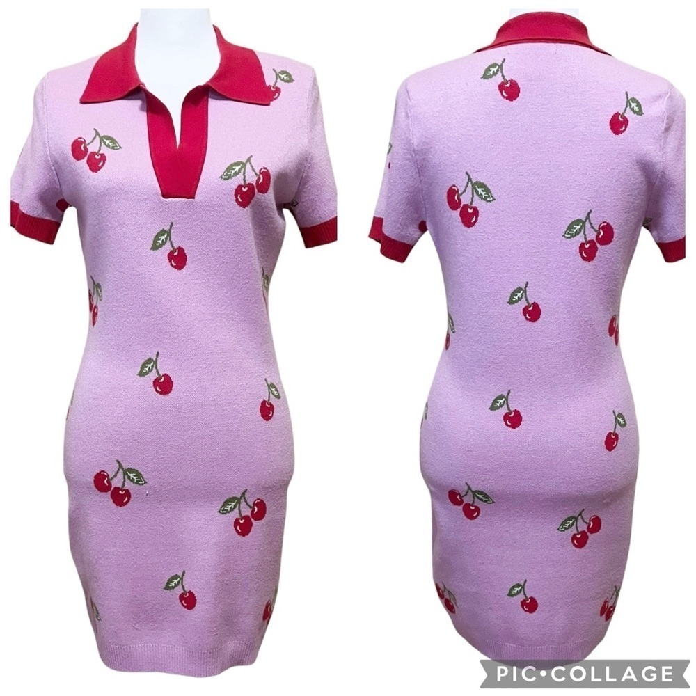 Forever 21 Cherry Short Sleeve Tennis Prep Sweater Dress Pink Red Size M - Picture 9 of 9